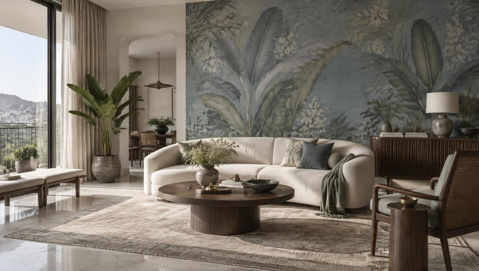 Living room completed with botanical wallpaper